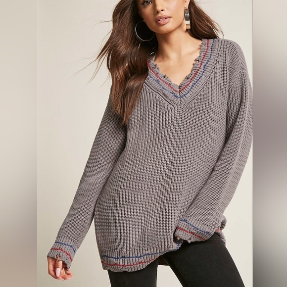 POL V-Neck Sweater in Gray with Blue Trim - Picture 1 of 6